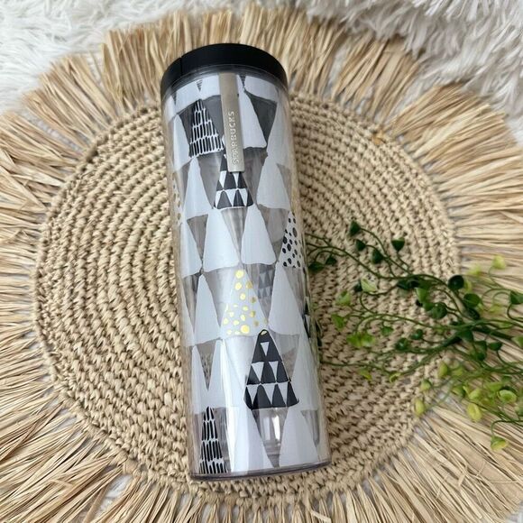 Starbucks 2013 16Oz Insulated Coffee Tumbler Christmas Holiday Black White Trees - Picture 1 of 8
